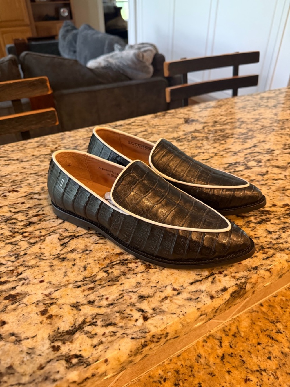 Lucchese Black Croc-Embossed Loafers with White Piping